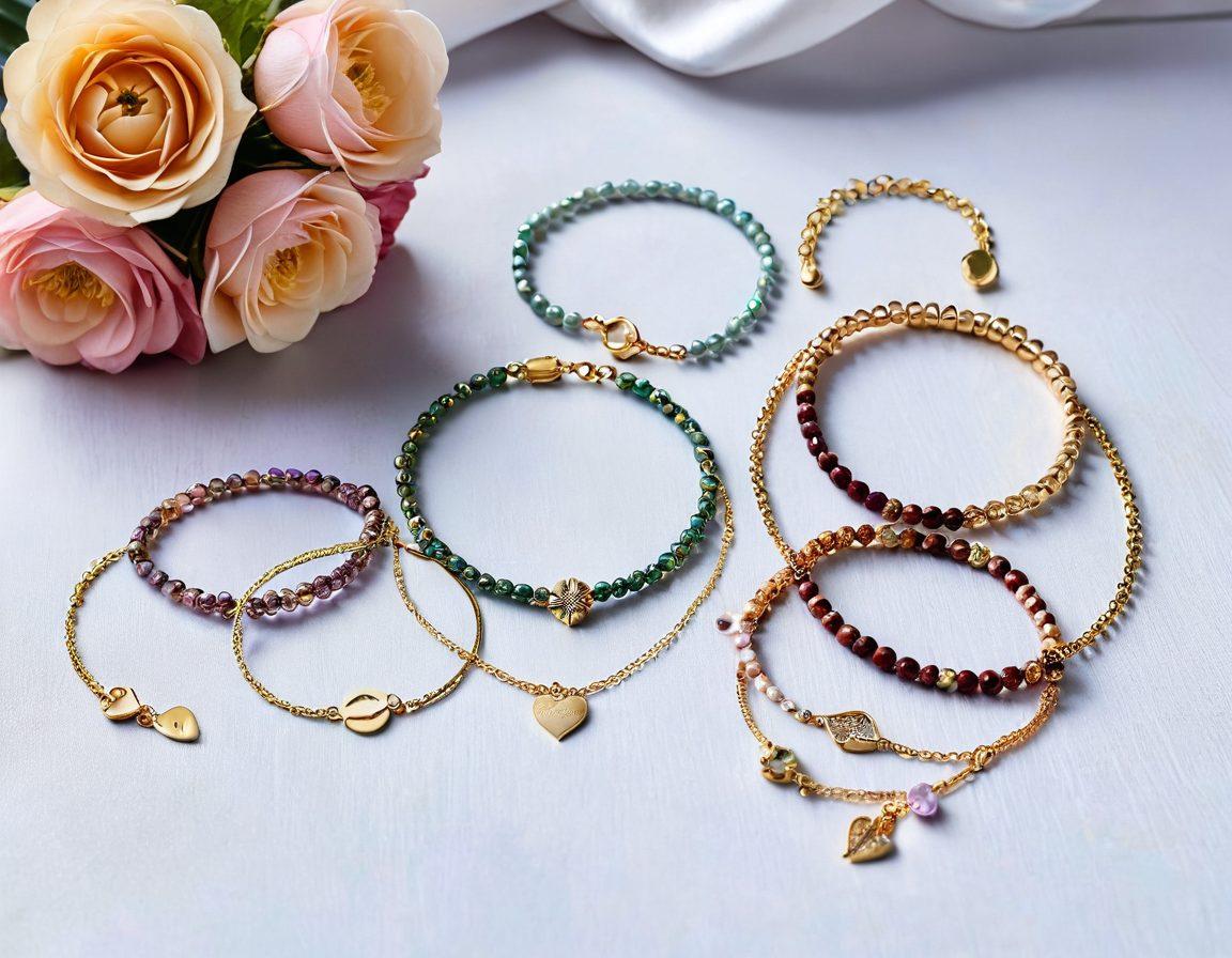 A beautifully arranged flat lay showcasing an array of stunning custom bracelets, each designed for different occasions, like weddings, casual outings, and formal events. Include luxurious materials like gold, silver, and vibrant gemstones, surrounded by soft, elegant fabric and delicate flowers. The background should be soft pastels to enhance the elegance of the bracelets. super-realistic. vibrant colors.