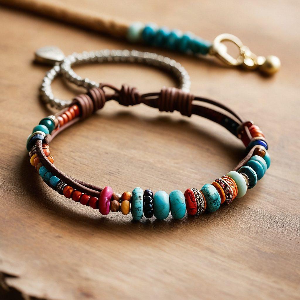 A beautifully arranged display of handmade bracelets in various styles and colors, showcasing intricate designs and unique materials like leather, beads, and gemstones. Soft natural lighting highlights the textures and details of the accessories, while a gentle fabric backdrop adds warmth. Include a small handwritten note with style tips next to a bracelet to emphasize personalization. vibrant colors. soft focus.