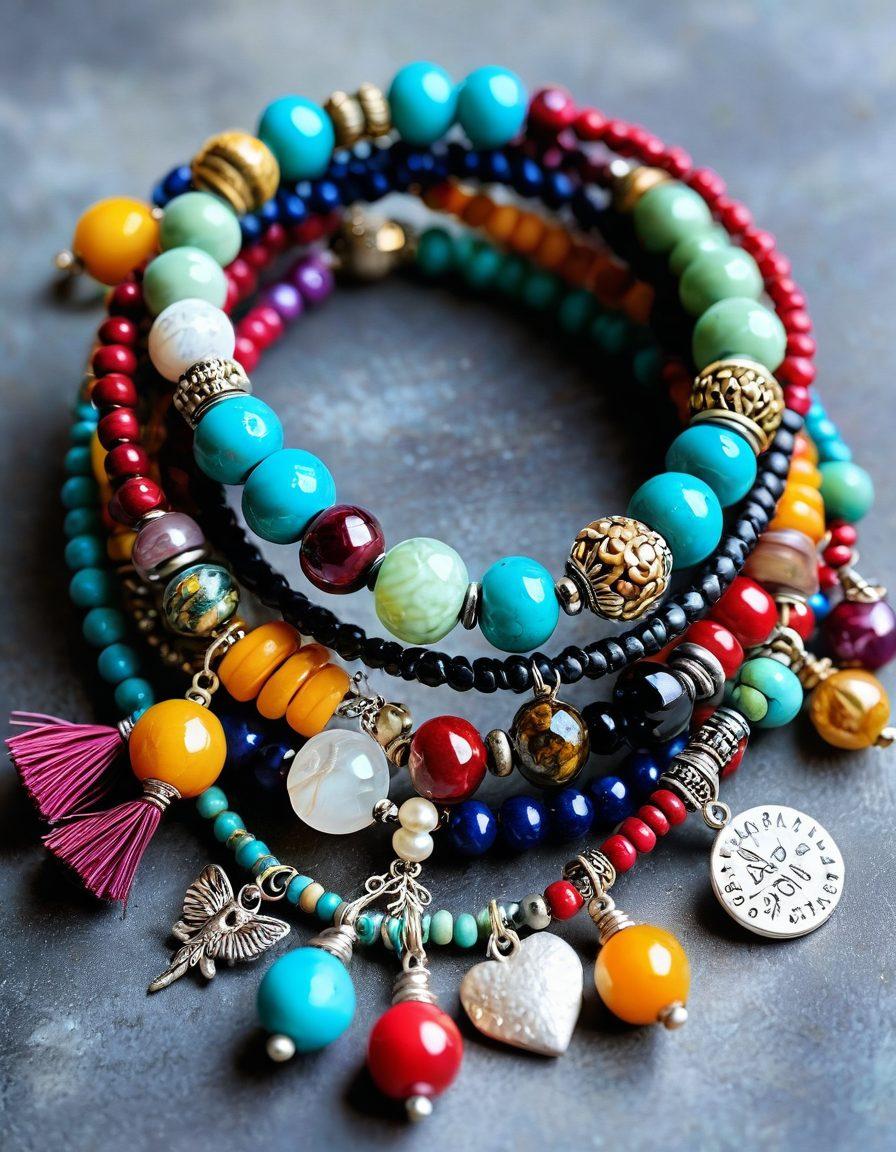 A stunning close-up of diverse handmade bracelets artistically displayed against a textured backdrop. Include a mix of vibrant beads, delicate threads, and charms, showcasing both adorable and heroic designs. The scene should evoke a sense of creativity and elegance, inviting viewers to explore the fashion potential of handmade accessories. Bright and engaging lighting enhances the details of each bracelet. super-realistic. vibrant colors. textured background.